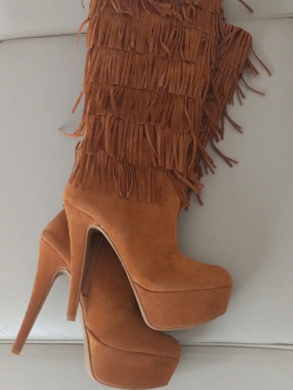Anne Michelle Suede Fringe Platform Stiletto Boots - Tan